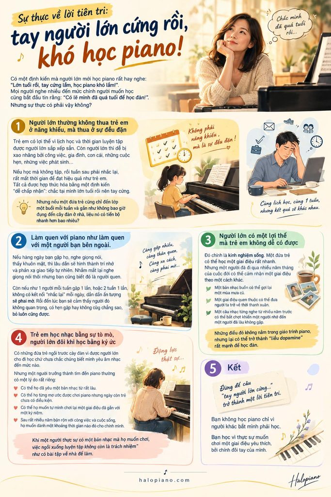 Sự thực về lời tiên tri: tay người lớn cứng rồi, khó học piano